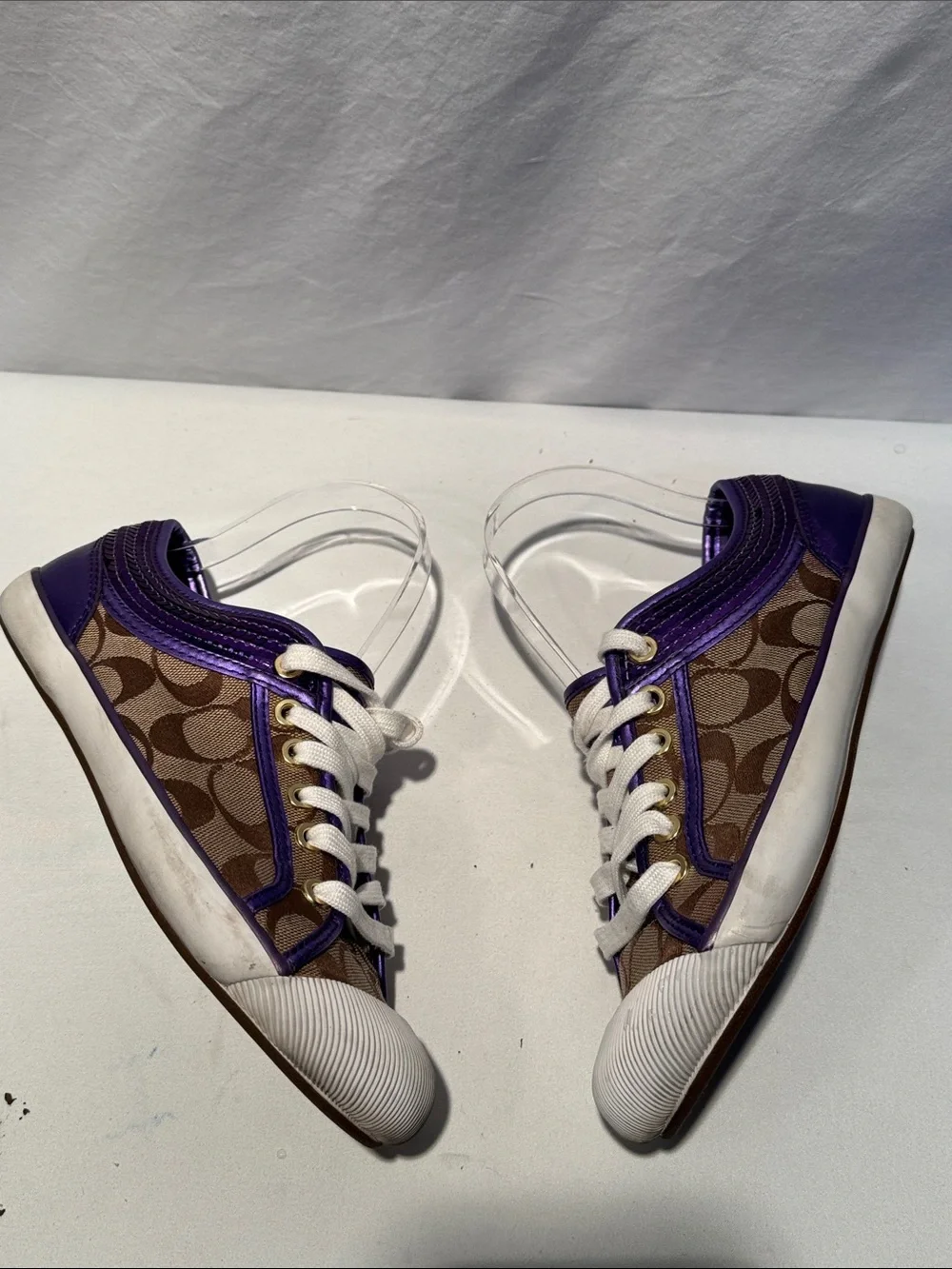 Coach Women's Signature Canvas Sneakers with Purple Trim and White Soles
